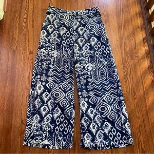 Haute Hippie Blue and White Abstract Linen Blend Wide Leg Pants Size Large